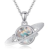 AXOMY Saturn Necklace 925 Sterling Silver Planet Opal Pendant Necklace Moon Star Saturn Necklaces for Women Anniversary Jewelry Gift