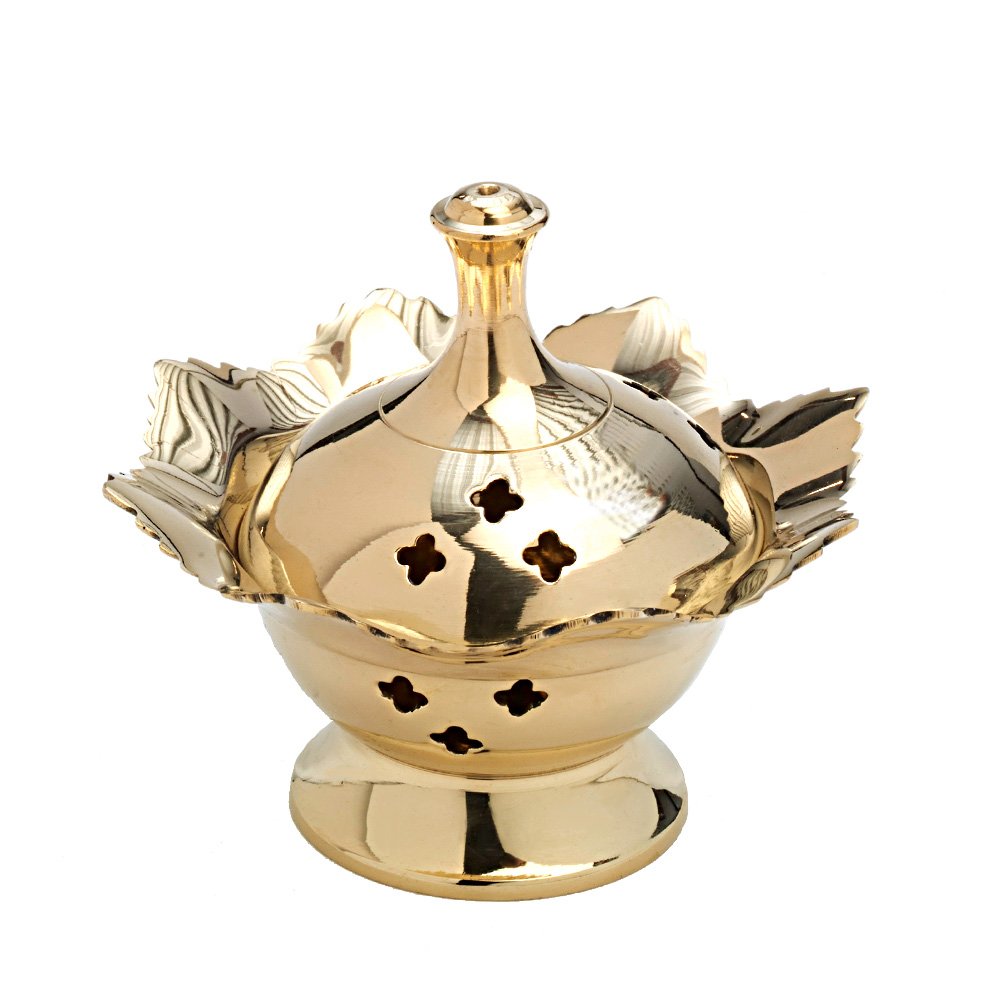 NKlaus Incense Burner Leaf Pattern Incense Stand Racuh Vessel Cross Holes Brass Gold 7561