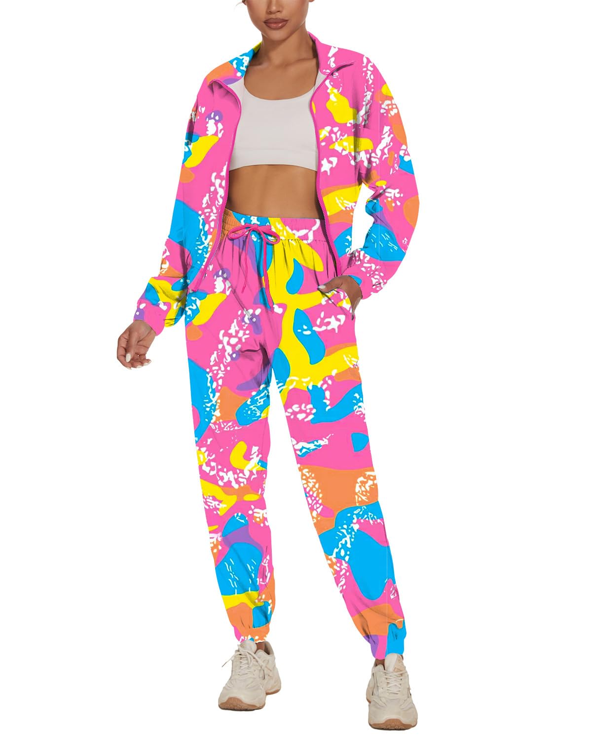 UOUA Women's Colorblock 2 Piece 80s 90s Outfits Long Sleeve Windbreaker Jacket Tracksuit Set Pink Print 2XL Image