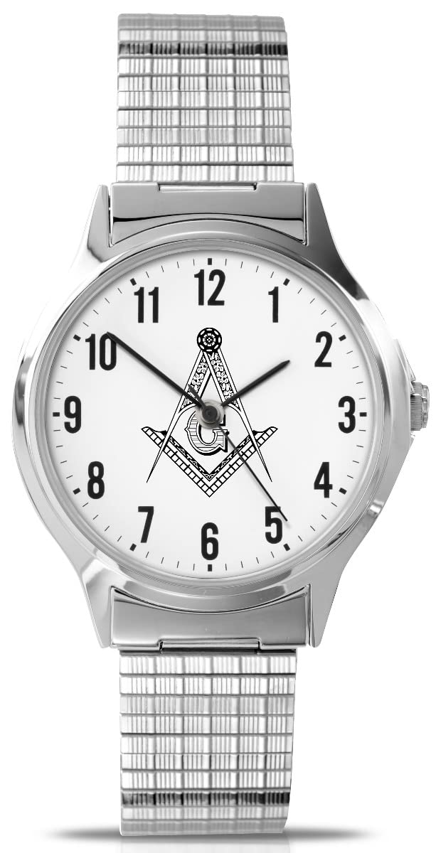 Sekonda Men's Masonic Analogue Quartz Watch with White Dial and Silver Expanding Strap 90097