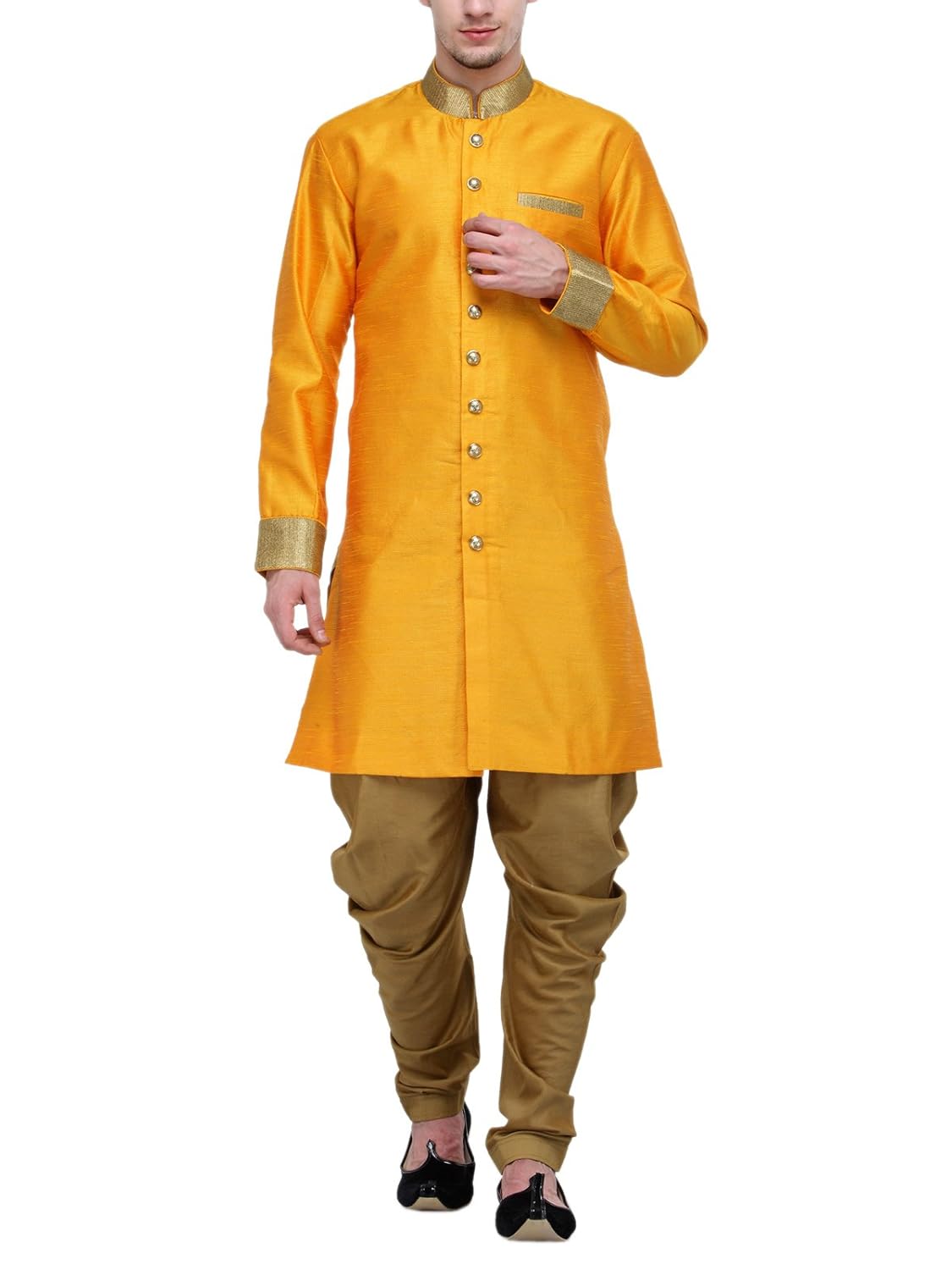 rg designers gold plain sherwani for men
