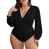 SOLY HUX Women's Plus Size Bodysuit V Neck Bishop Long Sleeve Wrap Bodysuit Tops