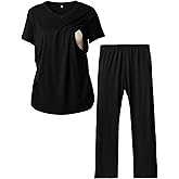 Rnxrbb V Neck Nursing Pajamas Set Postpartum Pjs Maternity Breastfeeding sleepwear for Women with Pockets 2 Pack