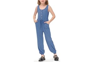 BesserBay Girls Summer Casual Sleeveless Long Pant Romper with Side Pockets 6-14 Years