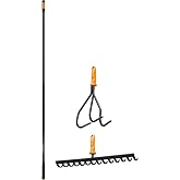 Fiskars OneClick Garden Bed Bundle Interchangeable Tool System with Large 63" Shaft + Space-Saving Cultivator Head + Soil Rake Head