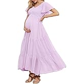 Swiss Dot Smocked Maternity Dress for Baby Shower Photoshoot Casual V Neck Ruffle Sleeve Empire Waist Tiered Boho Dress