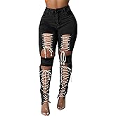 xxxiticat Women's Lace Up Denim Pants High Waist Cutout Bandage Criss Cross Bow Tie Destroyed Hollow Out Jean Trousers