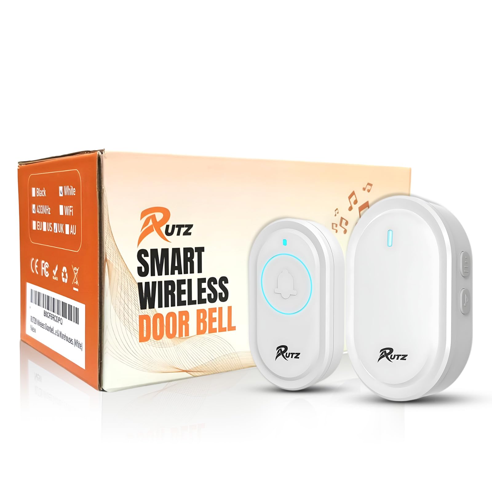 RUTZ® Wireless Doorbell, Waterproof Plug-in Door Bells Wireless Cordless Chime Kit at The Range of 300m with 39 Chimes, 5-Level Volume & LED Light, Easy to Install for Home & Apartment (White)