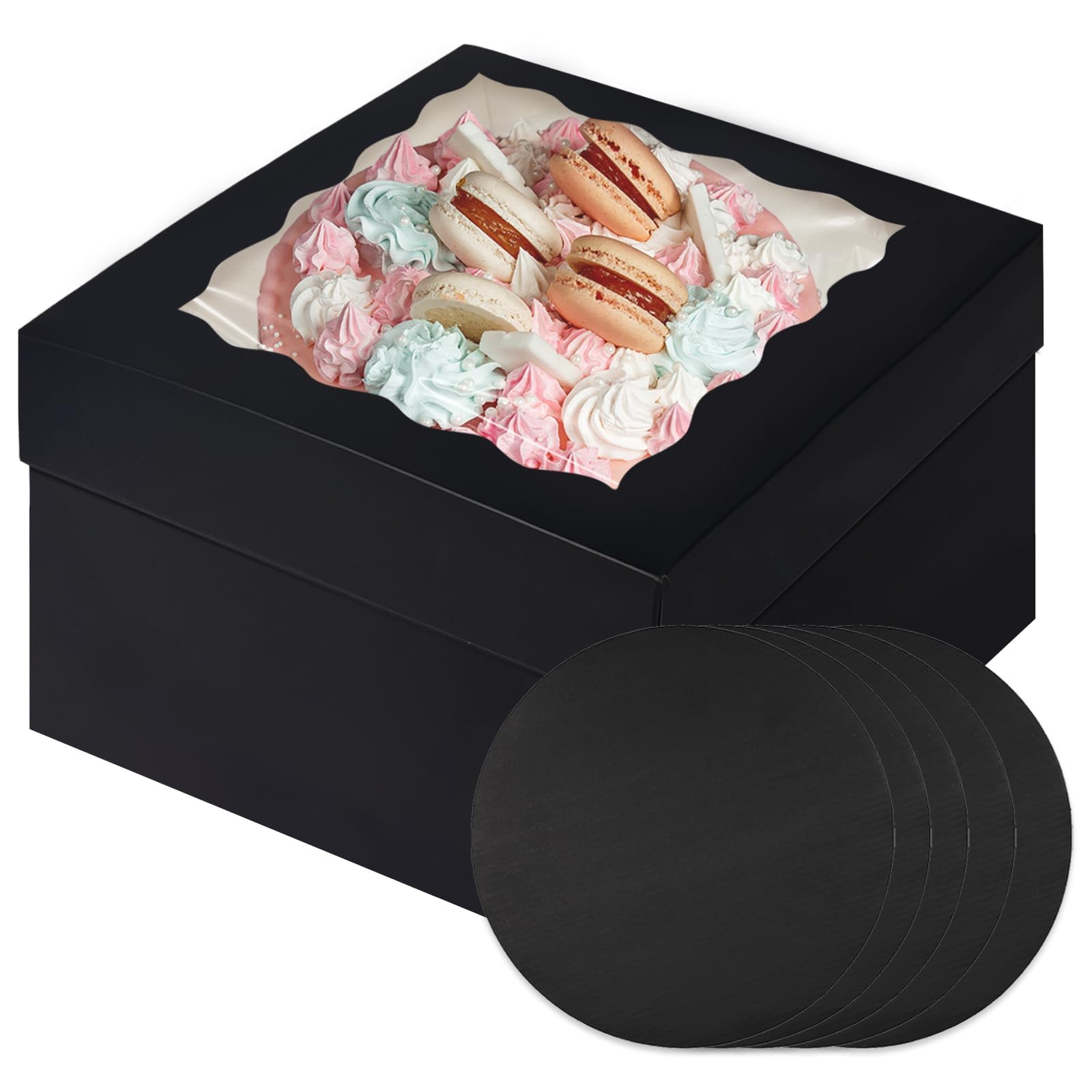 Gcardist 12x12x8 Inch Cake Box, 5 Sets Black Cake Box with Window ＆ 5 Sets 12 Inch Black Cake Round Boards, Cake Containers(30.5x30.5x20.3cm)