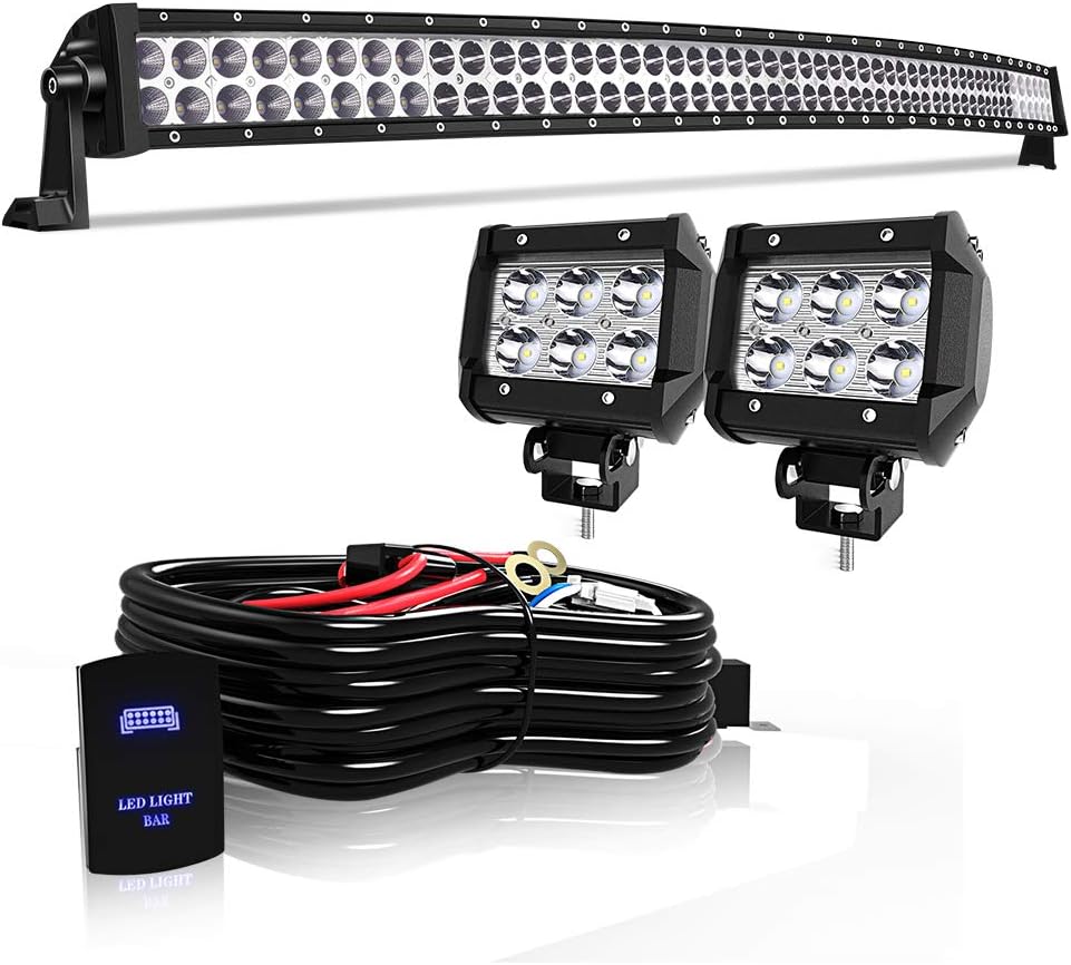 QuakeWorld 54" Curved LED Light Bar 312W Flood Spot Combo Beam Led Bar W/ 2Pcs 4in Off Road Driving Fog Lights with Wiring Harness Rocker Switch for Jeep Trucks Polaris ATV Boats Lighting