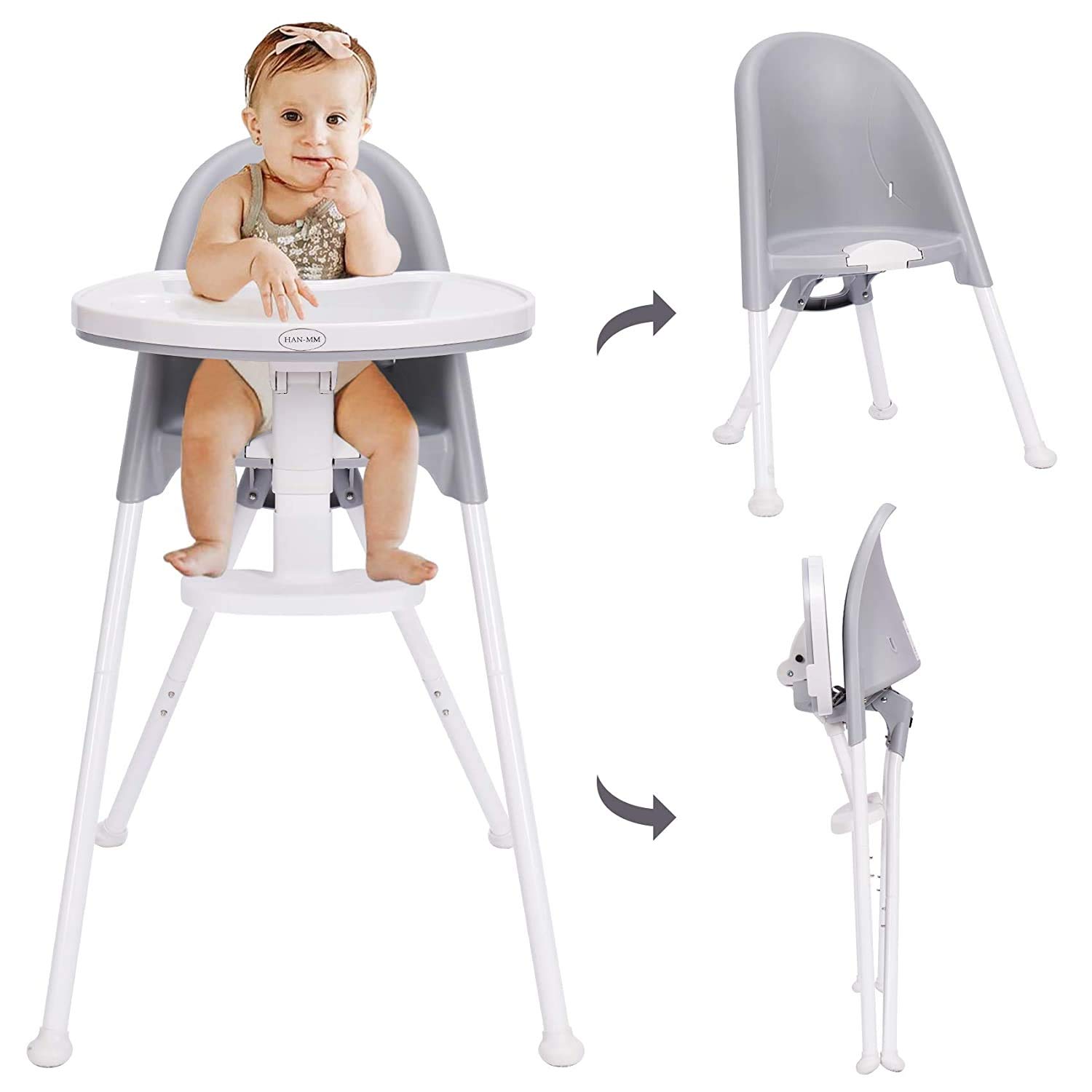 HAN-MM High Chair Folding,One Click fold,Save Space, Detachable Double Tray, Infant Chair, Car Traveling, 3 in 1 Convertible, 3-Point Harness, Adjustable Footrest, Non-Slip Feet, Adjustable Legs