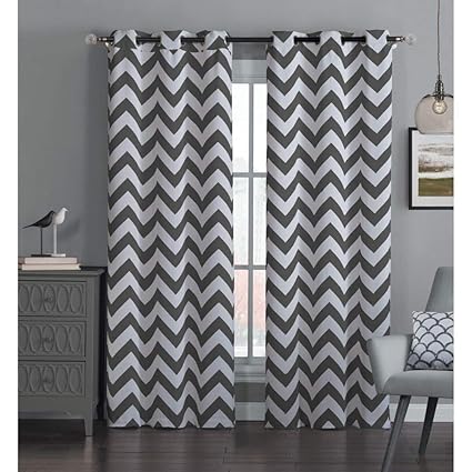 2 Piece Navy Blue White Chevron Window Curtain Set 84 Inch Zig