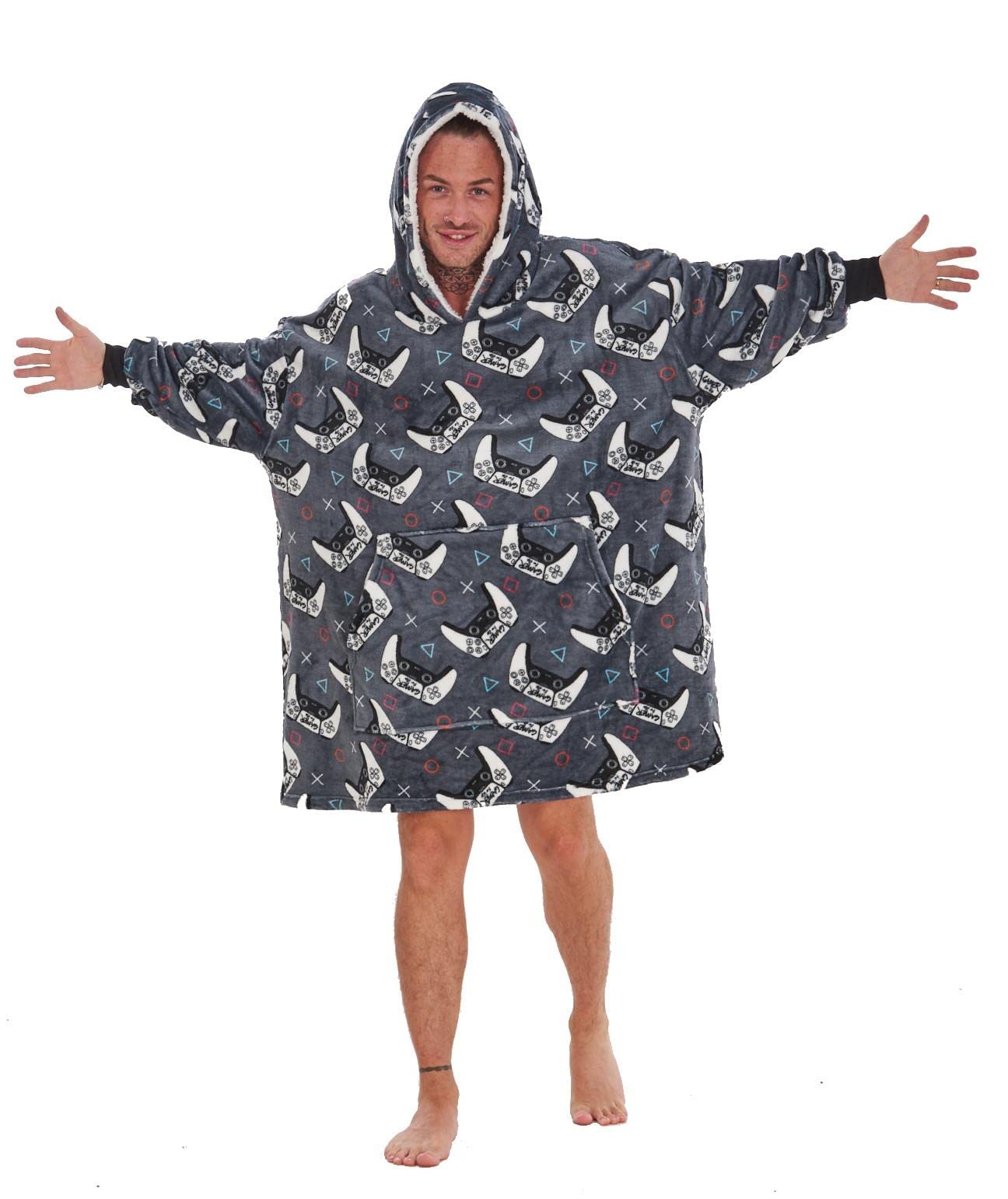 GAMER Fleece Oversized Hoodie - Gaming Controller Design - Super Soft Lounger Blanket Hoody - 100% Polyester - Available in Adults and Kids Sizes