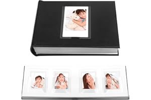 Veicevol Photo Album with Writing Space for Fujifilm Instax Mini 12 11 9 40 90 8 7 Evo Liplay Instant Camera, 64 Pockets Photo Album for Polaroid, Leather Cover Handmade Paper 2x3 Photo Album（Black）