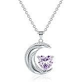 JULLJUS Silver Birthstone Moon Necklace for Women, Cubic Zirconia Crescent Moon Heart Birthstone Pendant, Silver Jewelry Gift, Birthday Christmas Valentine's Day Gifts for Her Mom Wife Daughter