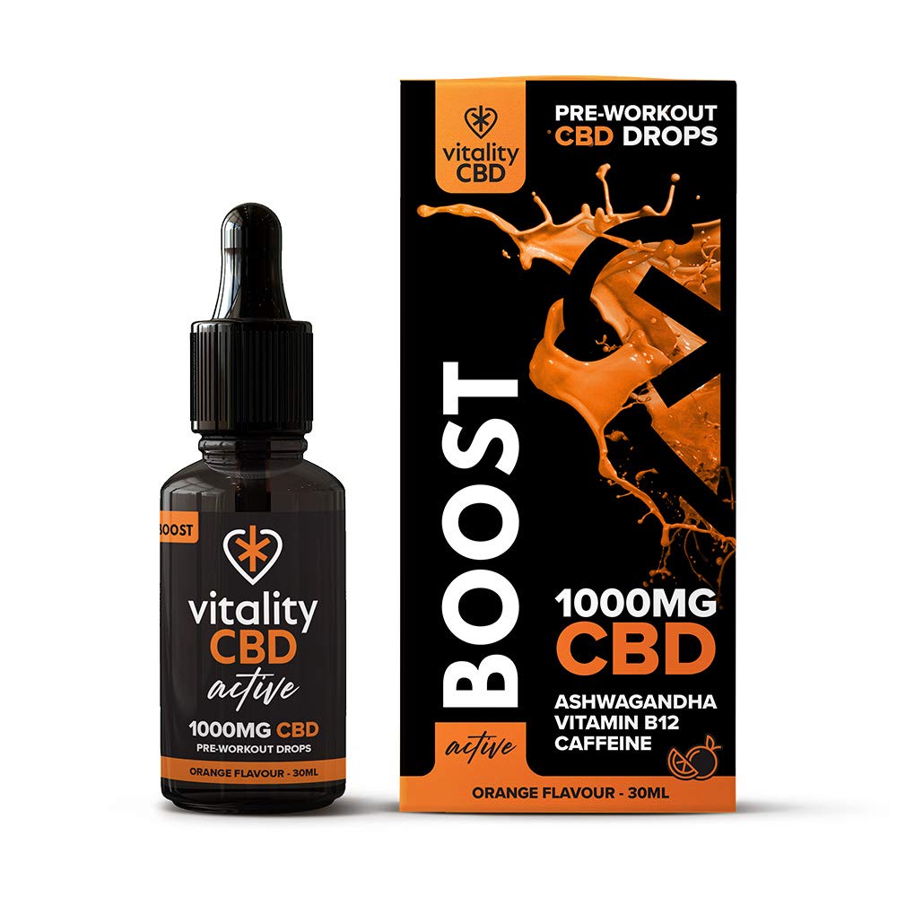 Vitality CBD Active Boost Drops with Vitamin B12, Caffeine, Ashwagandha, 1000mg of CBD, 30ml, Orange Flavour, NO THC