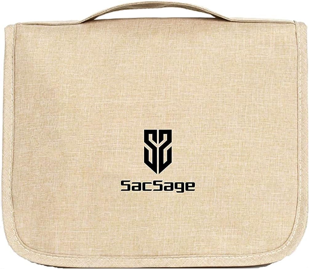 Hanging Travel Toiletry Bag for Women & Men by SacSage - Waterproof Organizer Bag with Hook for Toiletries Makeup Brushes Cosmetics Travel Essentials & Other Accessories (Beige)