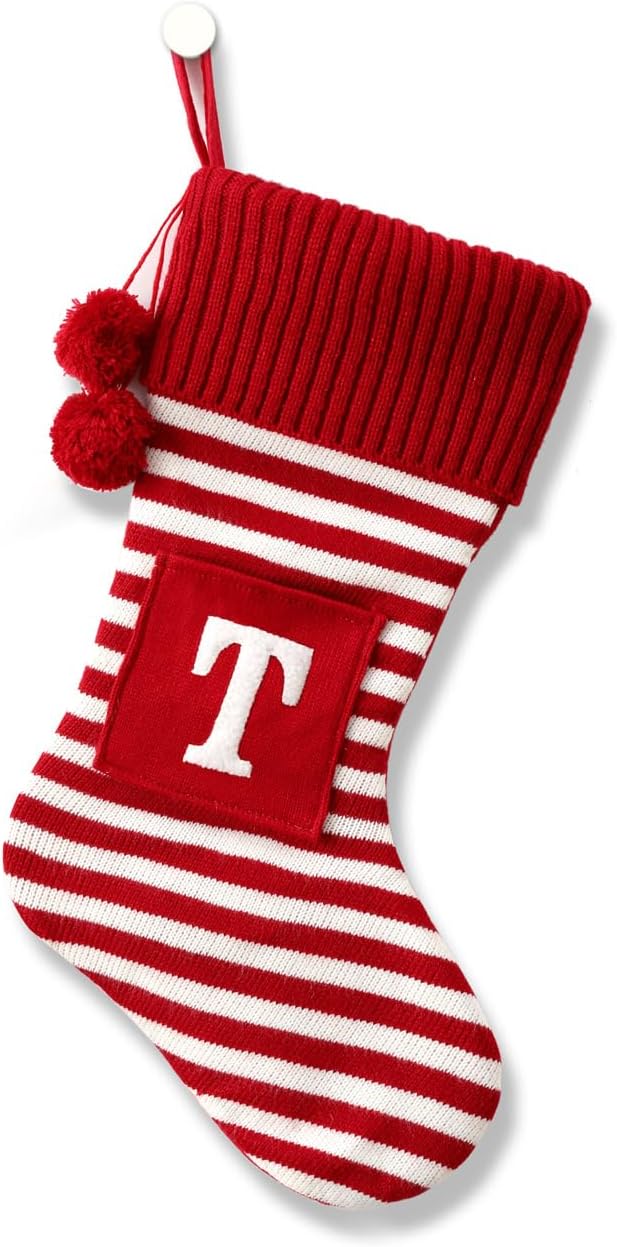 Stockings & Holders - 20 Inches Initial Monogram Embroidered Christmas Stocking Striped knitted Christmas Decorations Stocking Red,White, Green Letter Stockings for Family Holiday and Xmas Tree Fireplace Decor-50-T-Red