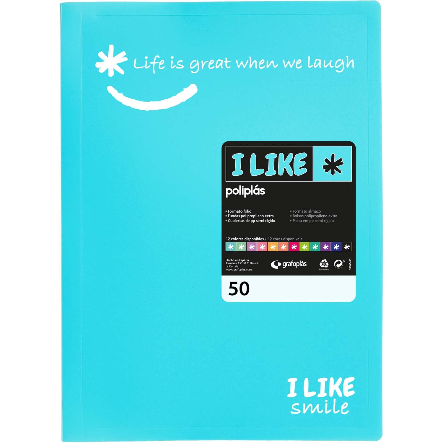 Grafoplás 1460833 Folio Size Light Blue 50 Pockets Transparent Polypropylene Like Polypropylene