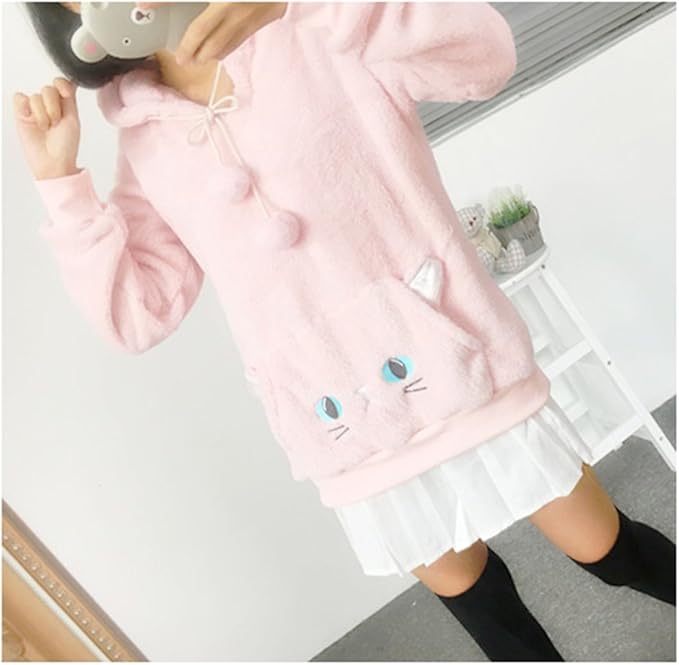 Girl's Cute Cat Hoodie with Cat Ears Hooded Sweatshirts Pullover (Pink