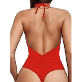 Sexybody Women' s One Piece Sexy Swimsuits Halter Tie Back V Neck Low Back Bathing Suit Ruched Butt High Cut Swimsuit Thong