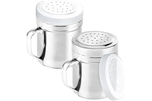 COAUXOG 2Pcs Metal Salt Pepper Dredge Shakers, Stainless Steel Pepper Shaker Seasoning Jar With Handle, With Hole And Cover, Suitable For Pepper, Cinnamon And Coffee Spice Jars (Small-6OZ)