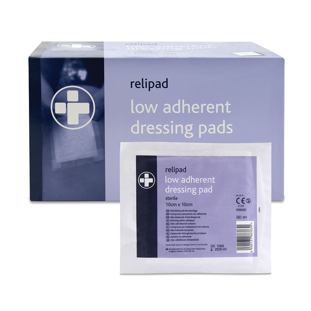 Reliance Medical Relipad First Aid Sterile Dressing - Low-Adherent, Absorbent Dressing Pads For Minor Abrasions, Lacerations And Wounds, 10 cm x 10 cm, Pack of 100 — image 1
