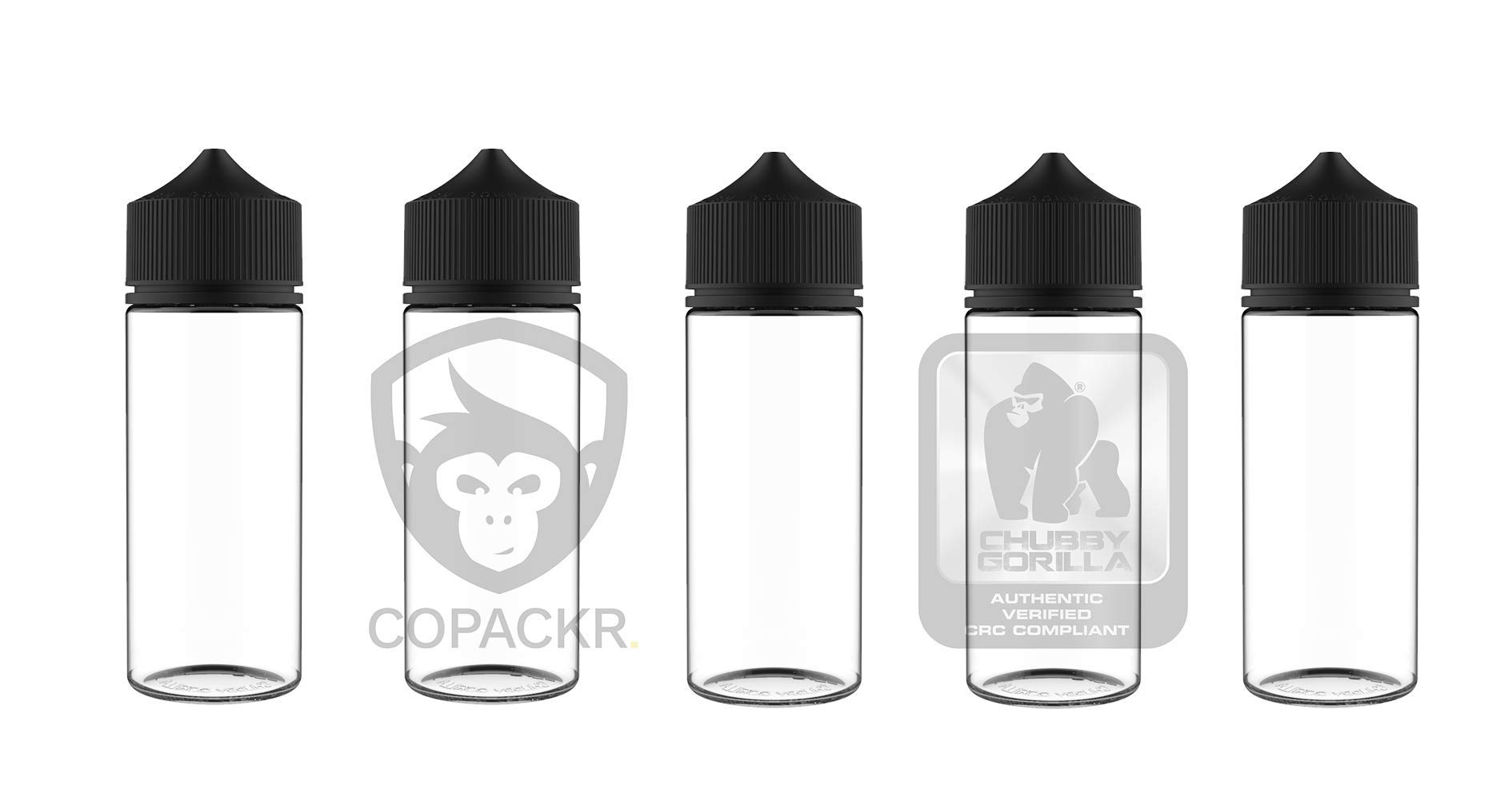Chubby Gorilla V3 120ml PET Plastic Unicorn Bottles for Liquids, Oils - Empty Dropper Bottles - 5X 120ml (Clear Bottle with Black Cap)