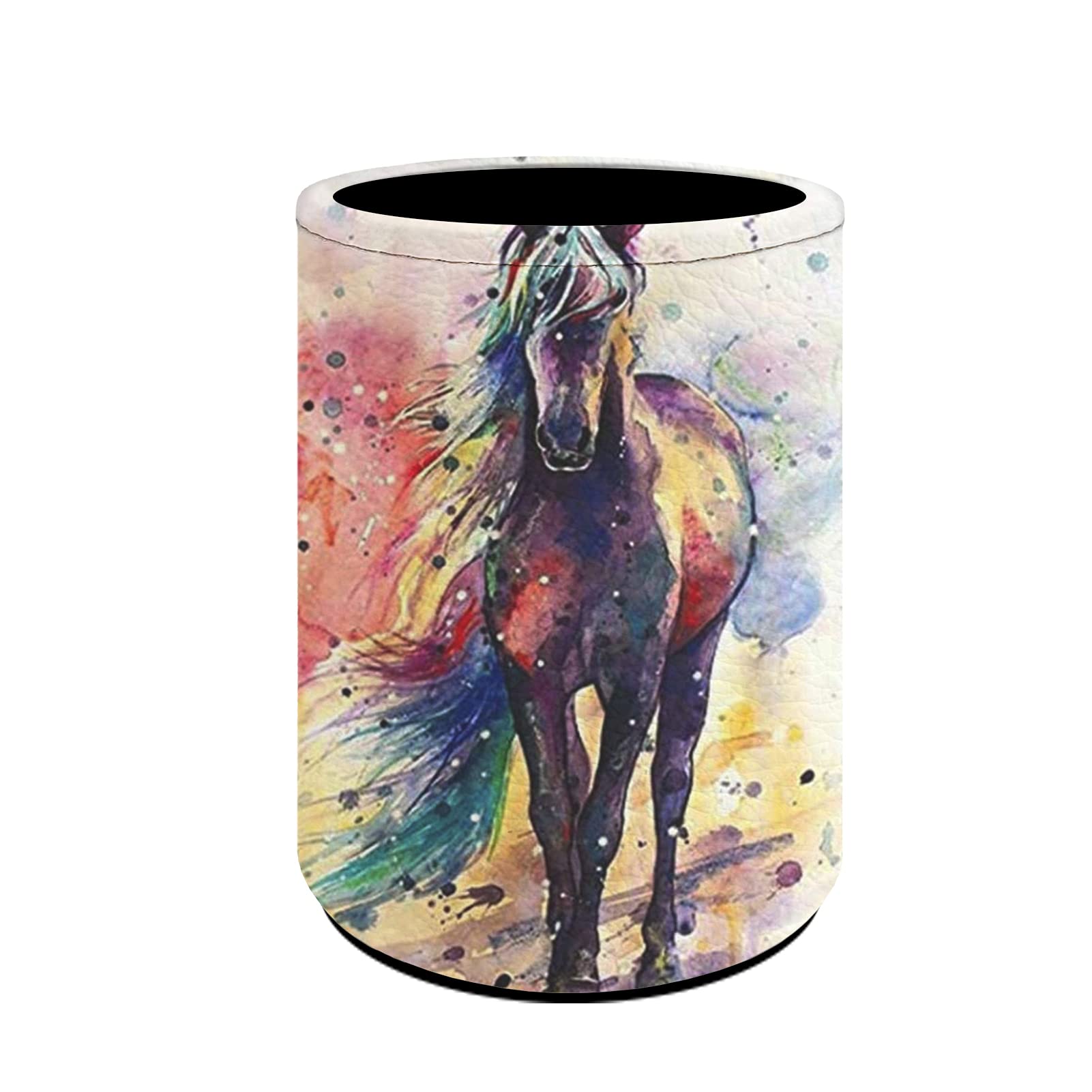 Coloranimal Brown Horse Animal Print Pencil Holder PU Leather Pen Cup Box Office Stationery Organizers Women Girl Makeup Set Holders for Home Classroom School