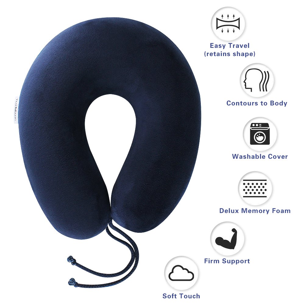 TUXWANG Travel Pillow Memory Foam Neck Support Pillow for Train, Airplane, Car, Bus or Camping, Airplane Neck Pillow Travel Pillow