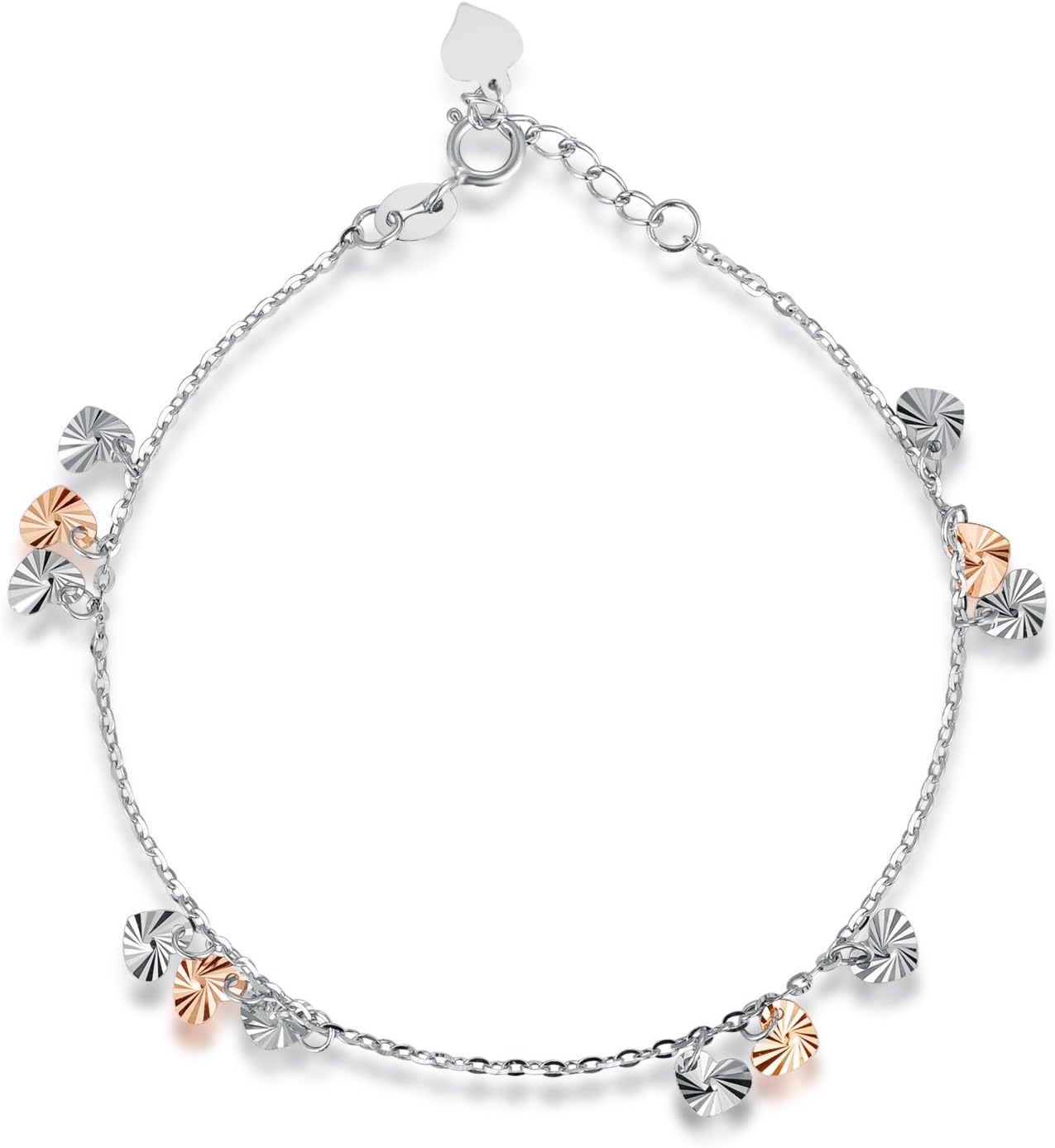 MaBelle 14K Rose and White Gold Triple Hearts Charms Anchor Chain Bracelet (6.5")
