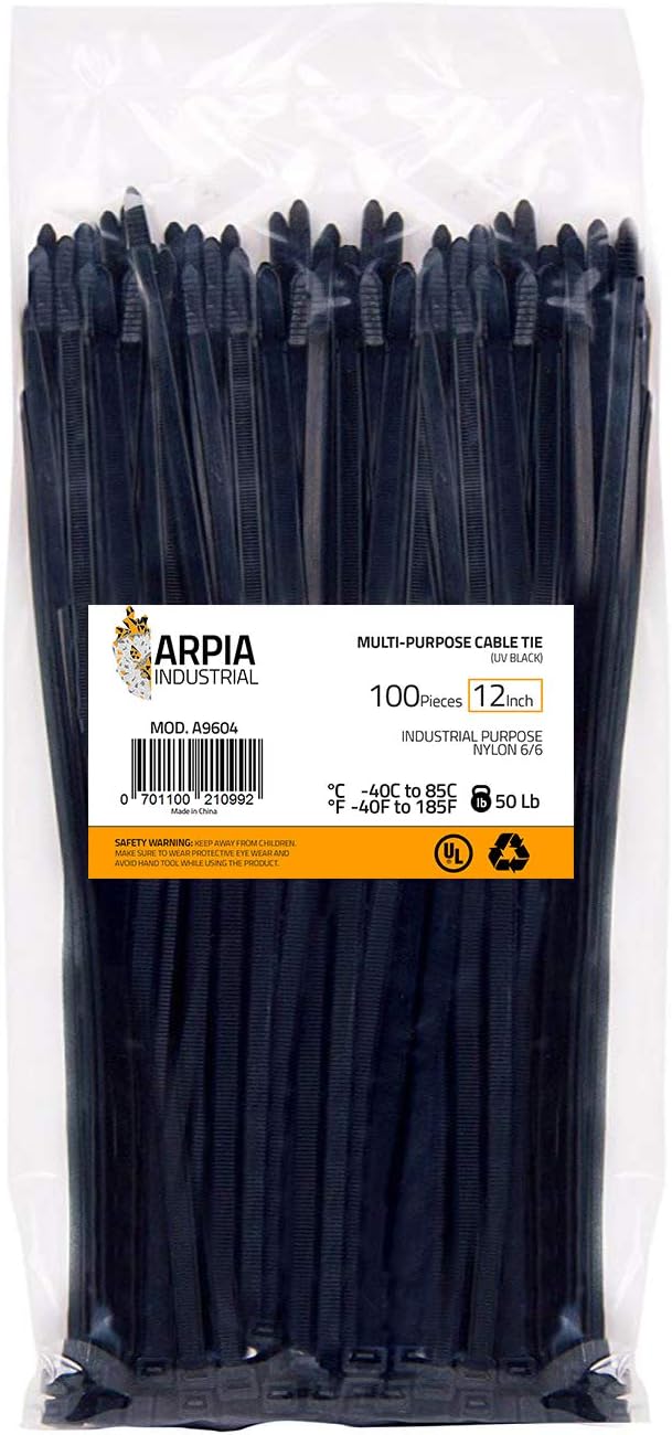 Arpia Industrial Cable Zip Ties 12 Inch, Heavy Duty Multi Prupose Strong Plastic Wire Ties with 50 Pounds Tensile Strength, 100 Pieces, Black Nylon Tie Wraps, A9605, Quality Cable Ties