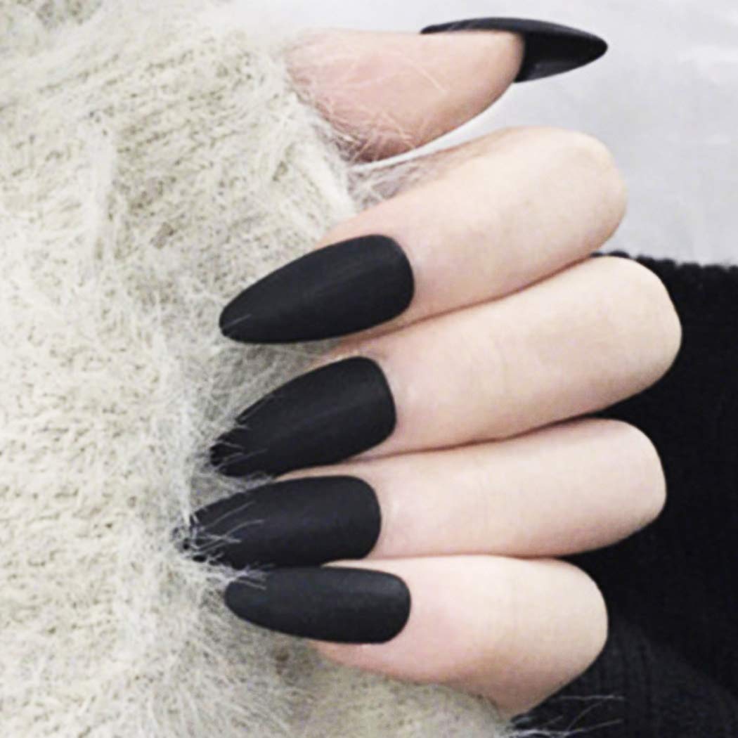 Fairvir Matte Black Fake Nails Tip Full Cover Acrylic False Nails Punk Fashion Party Clip on Nails for Women and Girls(24Pcs)