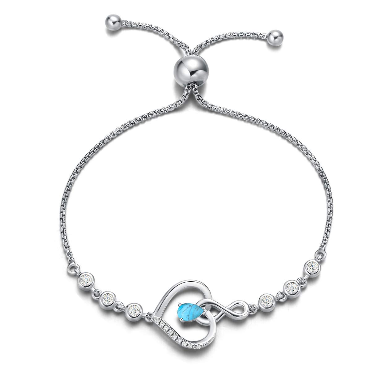 AGVANA Infinity Bracelet for Women - 925 Sterling Silver December Birthstone Turquoise, Adjustable Love Heart Design - Fine Jewellery Gift for Her, Wife, Mom - Anniversary Birthday Present