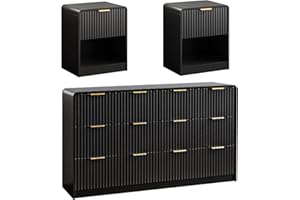 SINROM 3-Piece Bedroom Dresser Set, Fluted 6 Drawer Dresser and Nightstands Set of 2, Chest of Drawers and Night Stand, 3 Pcs Bedroom Furniture Set