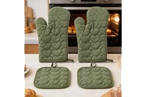 Farmhouse Green Oven Mitts and Pot Holders Set - Vintage Style Heat Resistant Cotton Gloves with Non-Slip Silicone Grip for R