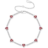Iefil Birthstone Bracelets for Women - 925 Sterling Silver Heart Charm Link Bracelet, Anniversary Birthday Gifts for Women Wife Mom Girlfriend Daughter, 6"+2"
