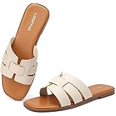 Lookyno Flat Sandals for Women Comfortable Slip On Dressy Summer Leather Slides with Square Open Toe