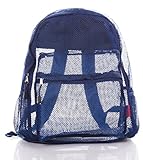 Clear Mesh Backpack For Kids Men & Women By Bravo - Large School & Travel Bag - Stylish Transparent See Through Design - Comfortable Padded Shoulder Straps - Utility Pocket & Bottle Holders (Blue)
