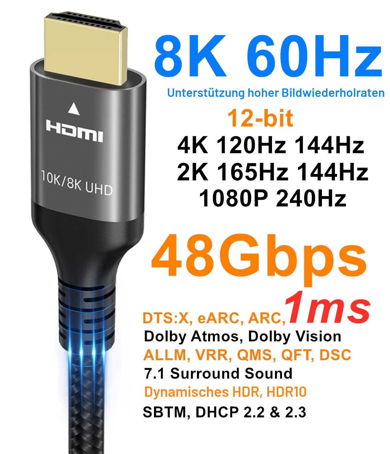 Ubluker 10K 8K 4K HDMI Kabel 48Gbps 2M, Zertifiziertes Ultra High Speed HDMI® Kabel 4K 240Hz 144Hz 8K 60Hz 0.01ms HDR10+ ARC eARC HDCP2.3 Netflix Roku TV PC Monitor Projektor PS5 4 Xbox 3