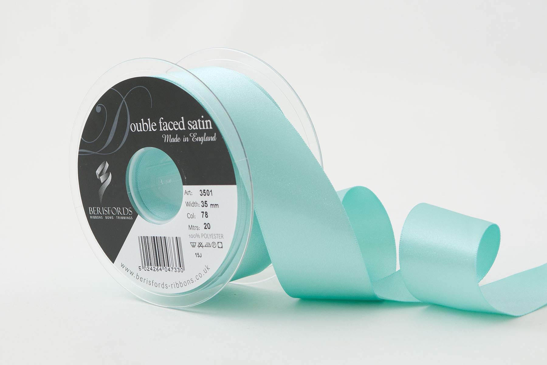 Berisfords Double FACE Poly Satin Ribbon, Aqua, 35 mm — image 1