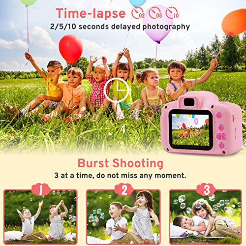 PROGRACE Kids Camera Digital Video Cameras for Kids Boys Birthday Toy Gifts Toddler Video Recorder Children Camera 2 Inch IPS with SD Card-Pink