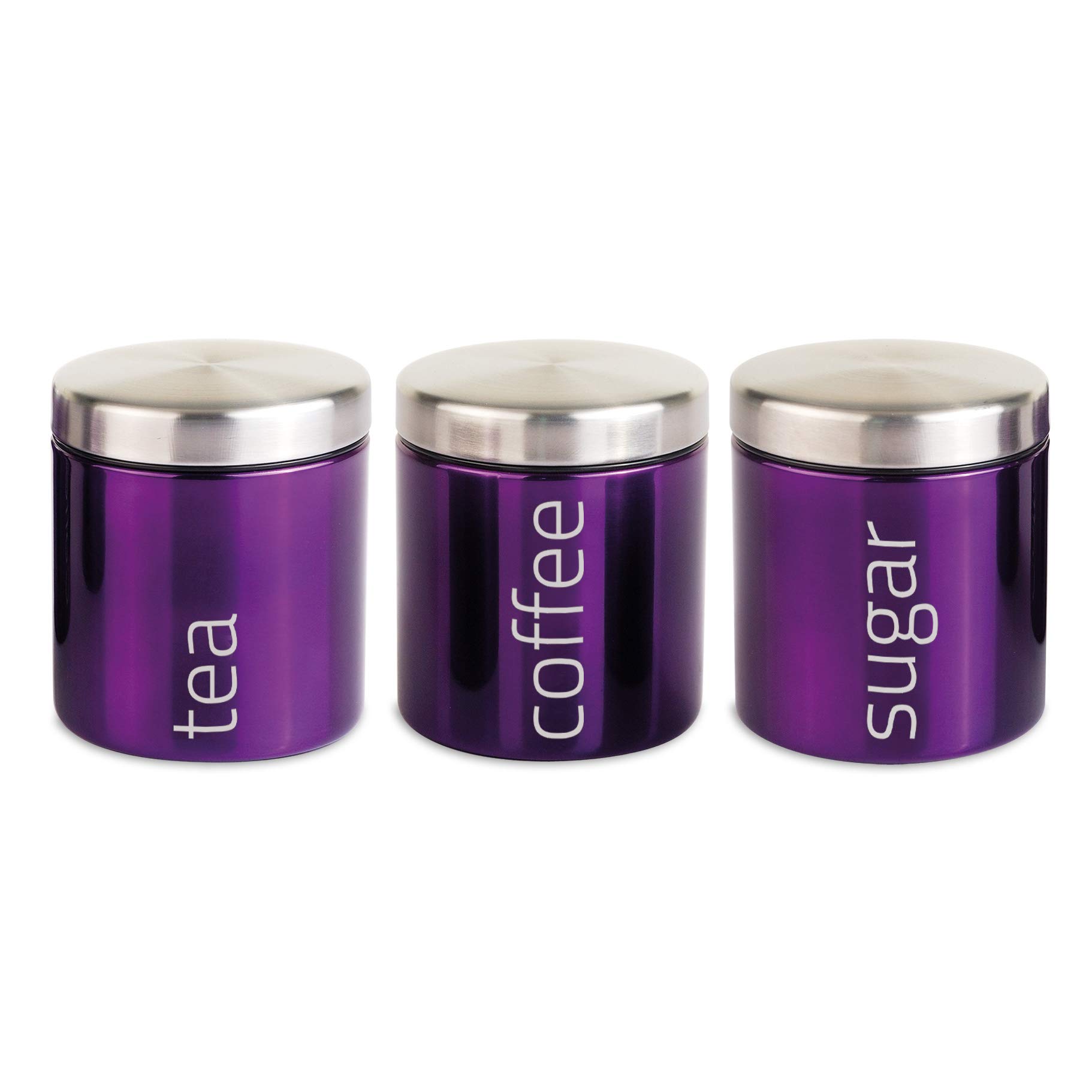 SQ Professional Stainless Steel Tea Coffee Sugar Canisters Sets of 3 Tea Caddy Sets for the Kitchen Storage Pots Jars Tea and Sugar Containers Purple (Amethyst)