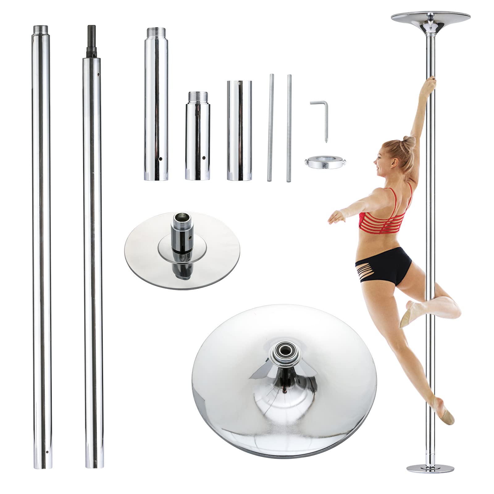 Photo 1 of UMEKEN Spinning Static Dance Pole Portable Removable Adjustable 45mm Dancing Pole for Home Exercise Club Party Pub, Dancer Pole for Beginners and Professionals 440lb Weight Capacity, Silver