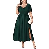 SCOMCHIC Women's Plus Size Wedding Guest Dresses Cocktail Formal Summer V Neck Puff Short Sleeve Slit A Line Maxi Dress