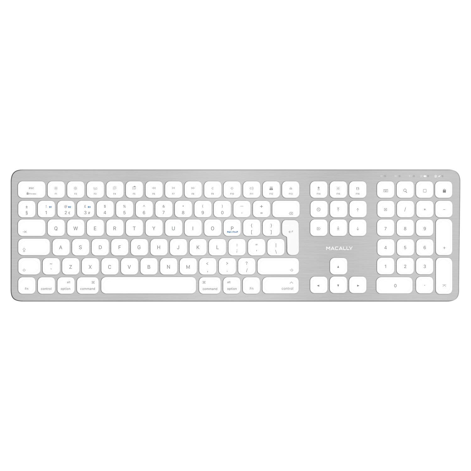 Macally BTWKEYMB-UK, extended Quick-Switch Bluetooth wireless keyboard for Mac, PC, iOS and Android, number pad, UK QWERTY layout, aluminium design