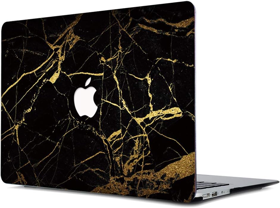 Gusumi Rubberized Plastic Case Hard Shell Cover for MacBook Air 13 Inch (Model: A1369 and A1466), Black & Gold Marble