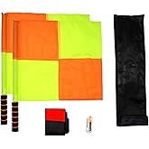 Soccer Referee Flag,Checkered Linesman Flags Set with Case，Metal Pole Foam Handle water Proof，Red Yellow Cards with Notebook and Pencil,Coach Stainless Steel Whistles with Lanyard 2Pcs (Style 2)