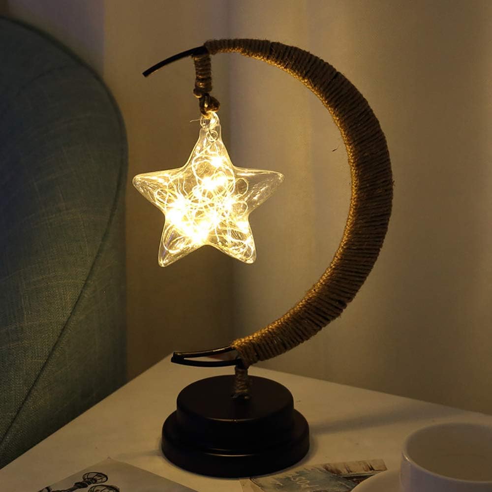 LED Star Moon Night Light, Glass lampshade，Creative Handcraft Hemp Rope Moon Beautiful Star Light Desk Decorative Christmas Birthday Children's Gift Desk Lamp （warm light）