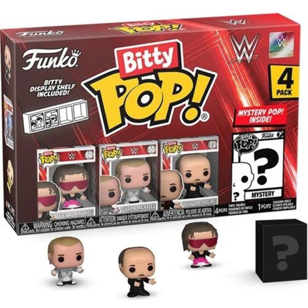 Funko Bitty POP! WWE - Bret “Hit Man” Hart™, Shawn Michaels, “Mean” Gene Okerlund™, and a mystery figure - 0.9 Inch (2.2 Cm) Collectable Gift Idea - Cake Topper
